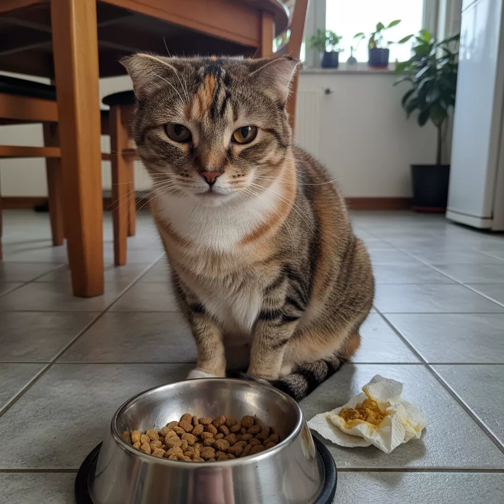 gemini_image_1772165324 Mèo có hệ tiêu hóa nhạy cảm thường biểu hiện mệt mỏi và gặp khó khăn trong việc hấp thụ thức ăn