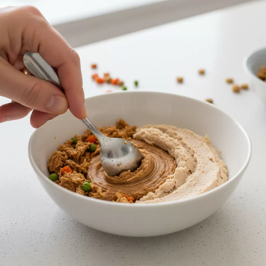 gemini_image_1772165325-1 Quy tắc trộn hạt theo tỷ lệ tăng dần giúp giảm thiểu cú sốc cho hệ tiêu hóa của mèo