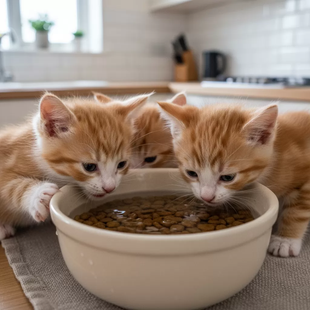 gemini_image_1772166412 Làm mềm hạt khô giúp mèo con dễ dàng tiếp cận với thức ăn đặc