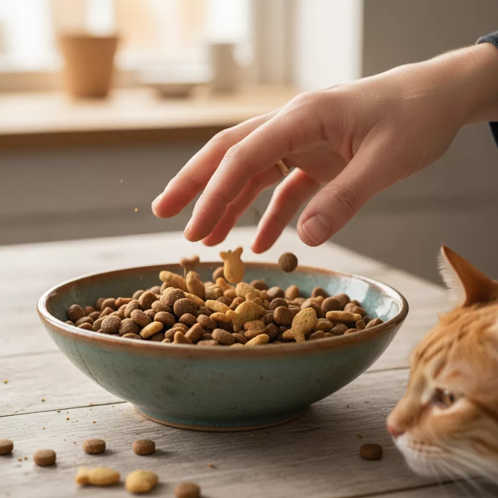 Quy trình trộn hạt giúp hệ tiêu hóa của mèo thích nghi dần dần với chế độ ăn mới