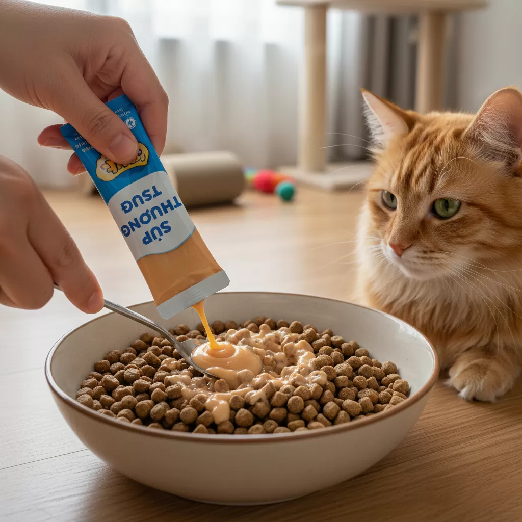 gemini_image_1772171353 Trộn súp thưởng với thức ăn chính giúp kích thích vị giác cho những chú mèo kén ăn