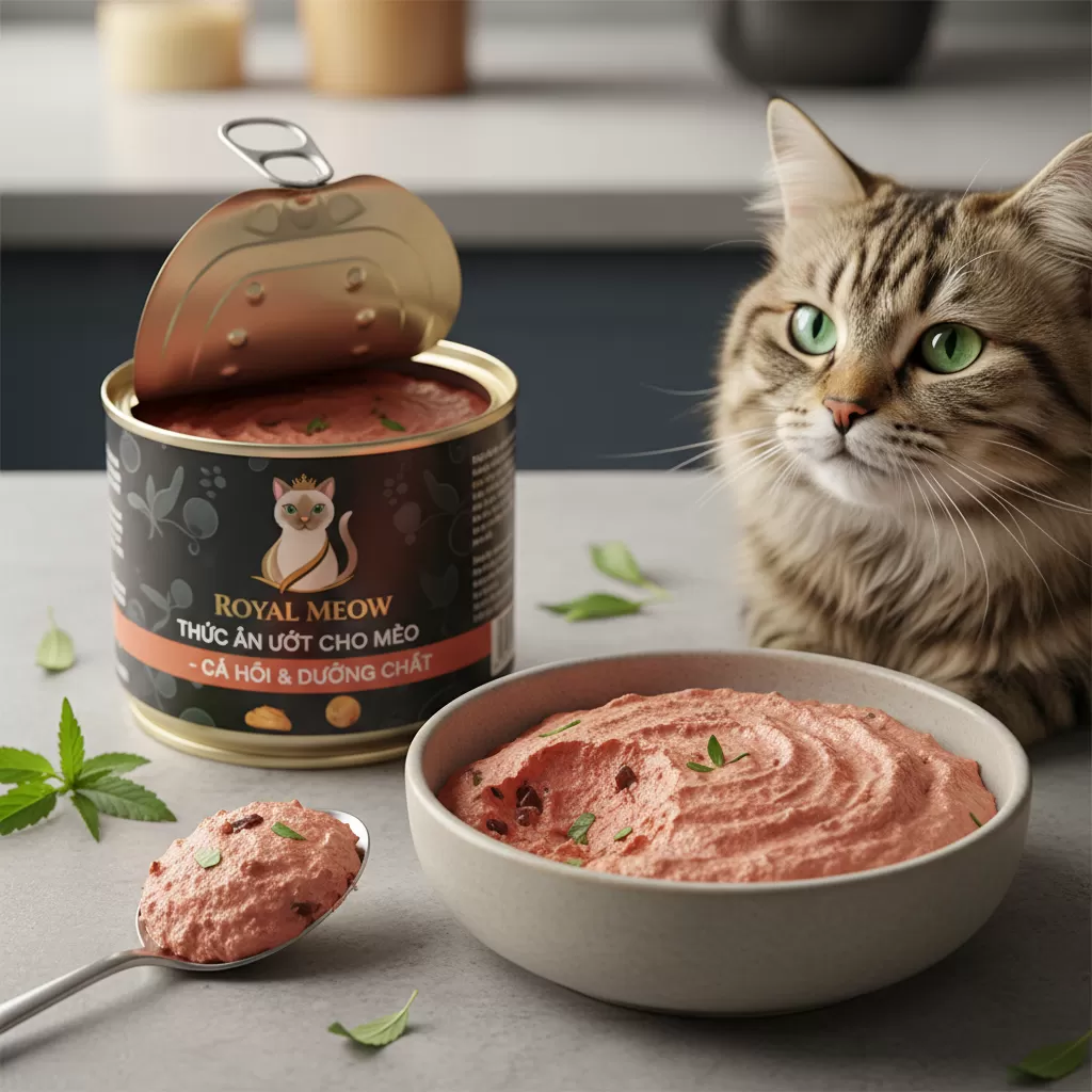 gemini_image_1772171588 Thức ăn ướt là nguồn dinh dưỡng quan trọng hỗ trợ sức khỏe toàn diện cho mèo