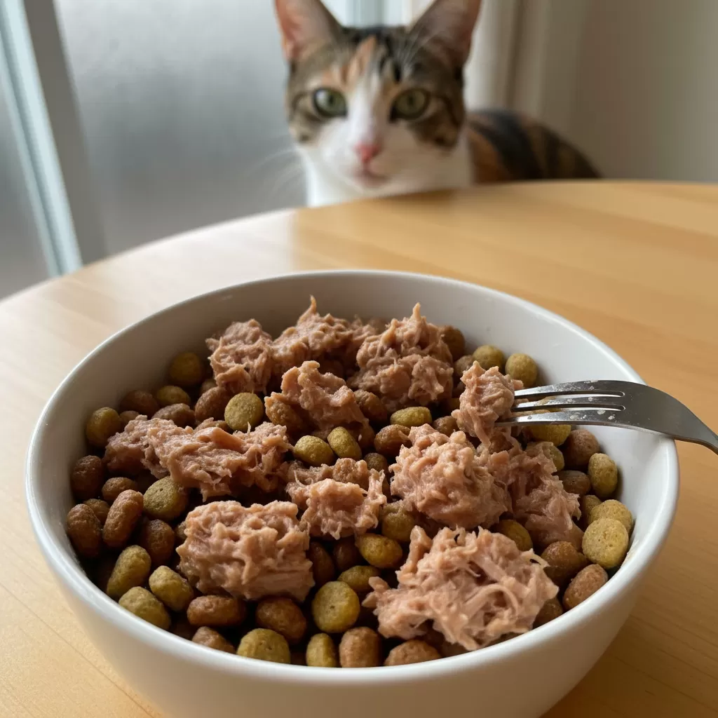 gemini_image_1772171590 Kết hợp thức ăn khô và ướt theo tỷ lệ hợp lý giúp mèo phát triển toàn diện