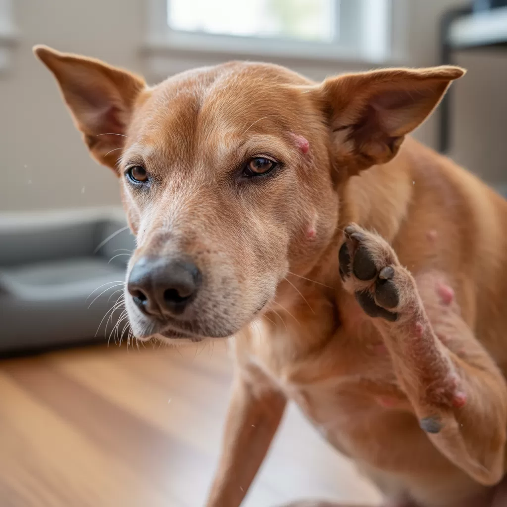 gemini_image_1772173793 Các vết mẩn đỏ và rụng lông là dấu hiệu điển hình của dị ứng thực phẩm ở chó