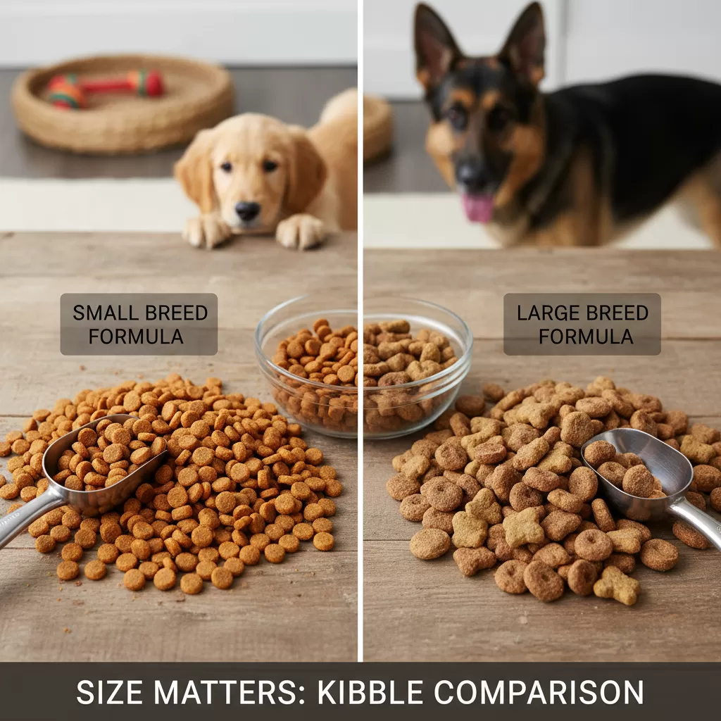 gemini_image_1772174110-1 Kích thước hạt thức ăn được thiết kế chuyên biệt cho từng dòng chó để đảm bảo an toàn khi ăn
