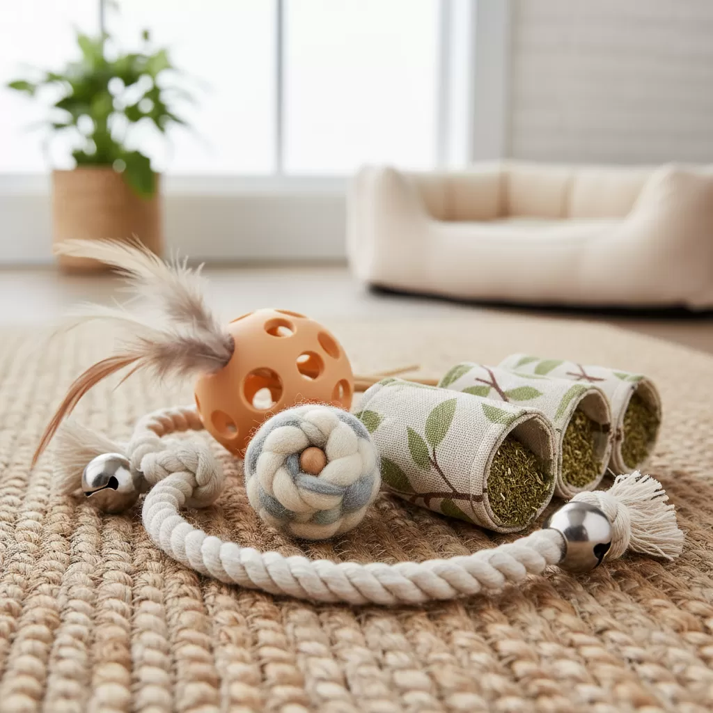 gemini_image_1772177035 Lựa chọn đồ chơi có chất liệu an toàn và kích thước phù hợp để đảm bảo an toàn cho mèo khi tự chơi