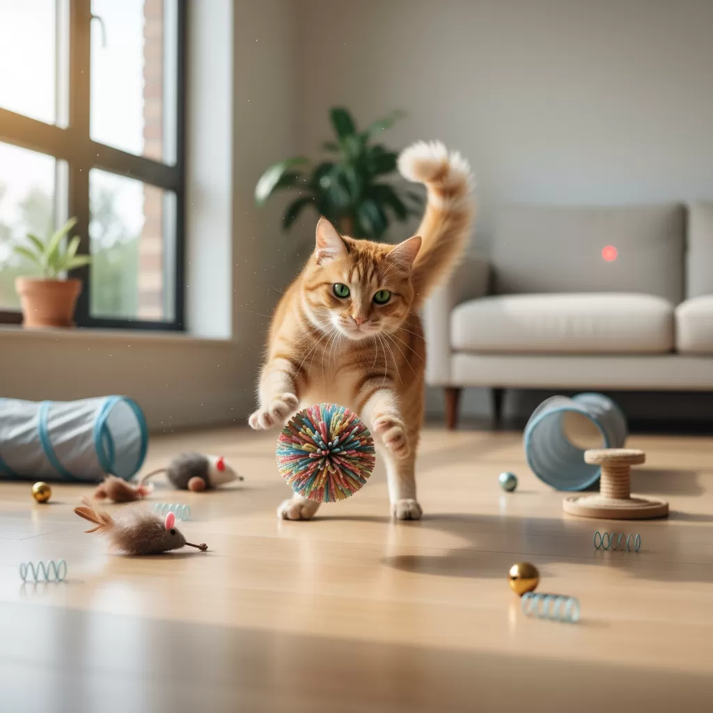 gemini_image_1772178937 Đồ chơi sạch sẽ giúp mèo cưng vui chơi an toàn và phòng tránh các bệnh truyền nhiễm