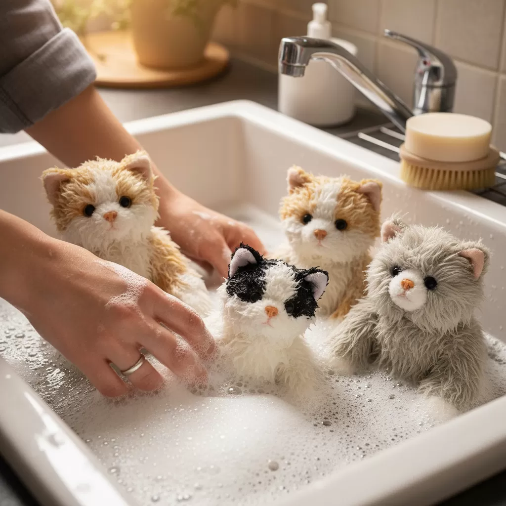 gemini_image_1772178938 Vệ sinh đồ chơi bằng vải cần được thực hiện cẩn thận để loại bỏ hoàn toàn mầm bệnh ẩn sâu bên trong