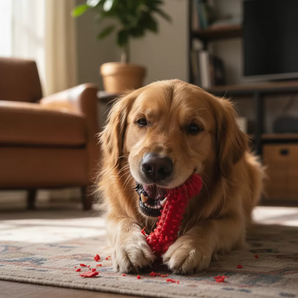 gemini_image_1772179458-1 Sử dụng đồ chơi chuyên dụng giúp chuyển hướng hành vi cắn phá của chó khỏi nội thất