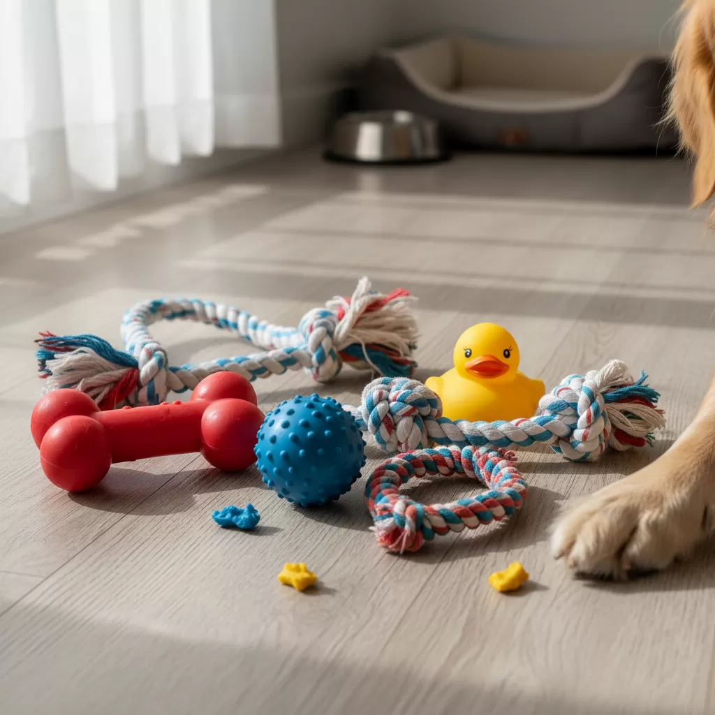 gemini_image_1772179459 Sự đa dạng về chất liệu đồ chơi bền bỉ giúp đáp ứng nhu cầu gặm nhấm của chó