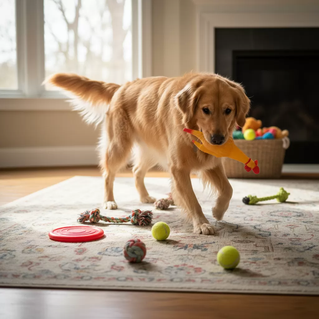 gemini_image_1772180116 Việc lựa chọn đồ chơi đúng chuẩn giúp chó phát triển toàn diện về thể chất và tinh thần