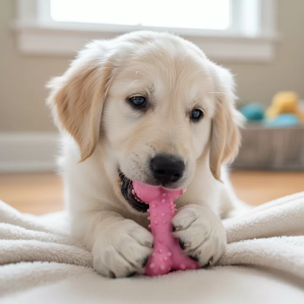 gemini_image_1772180117 Đồ chơi cao su mềm giúp chó con giảm bớt cảm giác khó chịu khi mọc răng