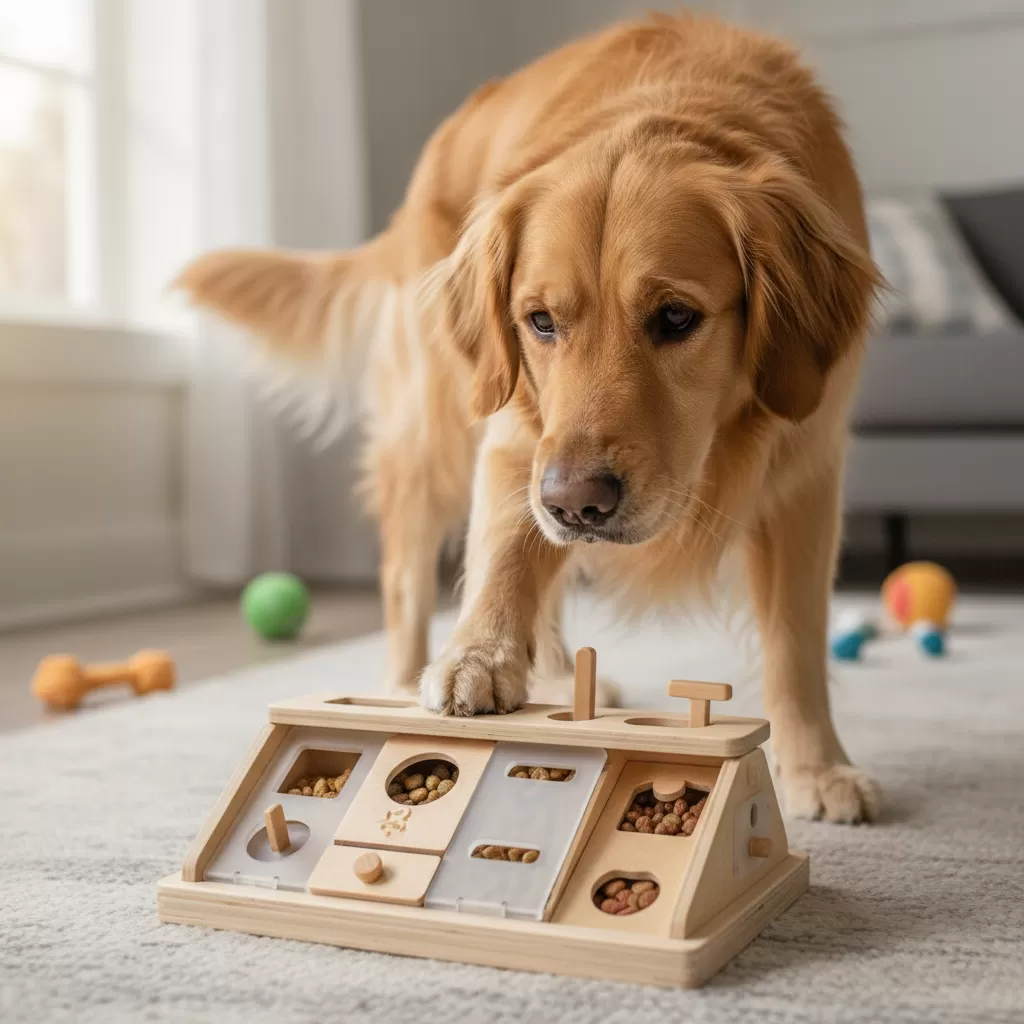 gemini_image_1772180344 Đồ chơi tương tác giúp kích thích tư duy và sự tò mò tự nhiên của chó