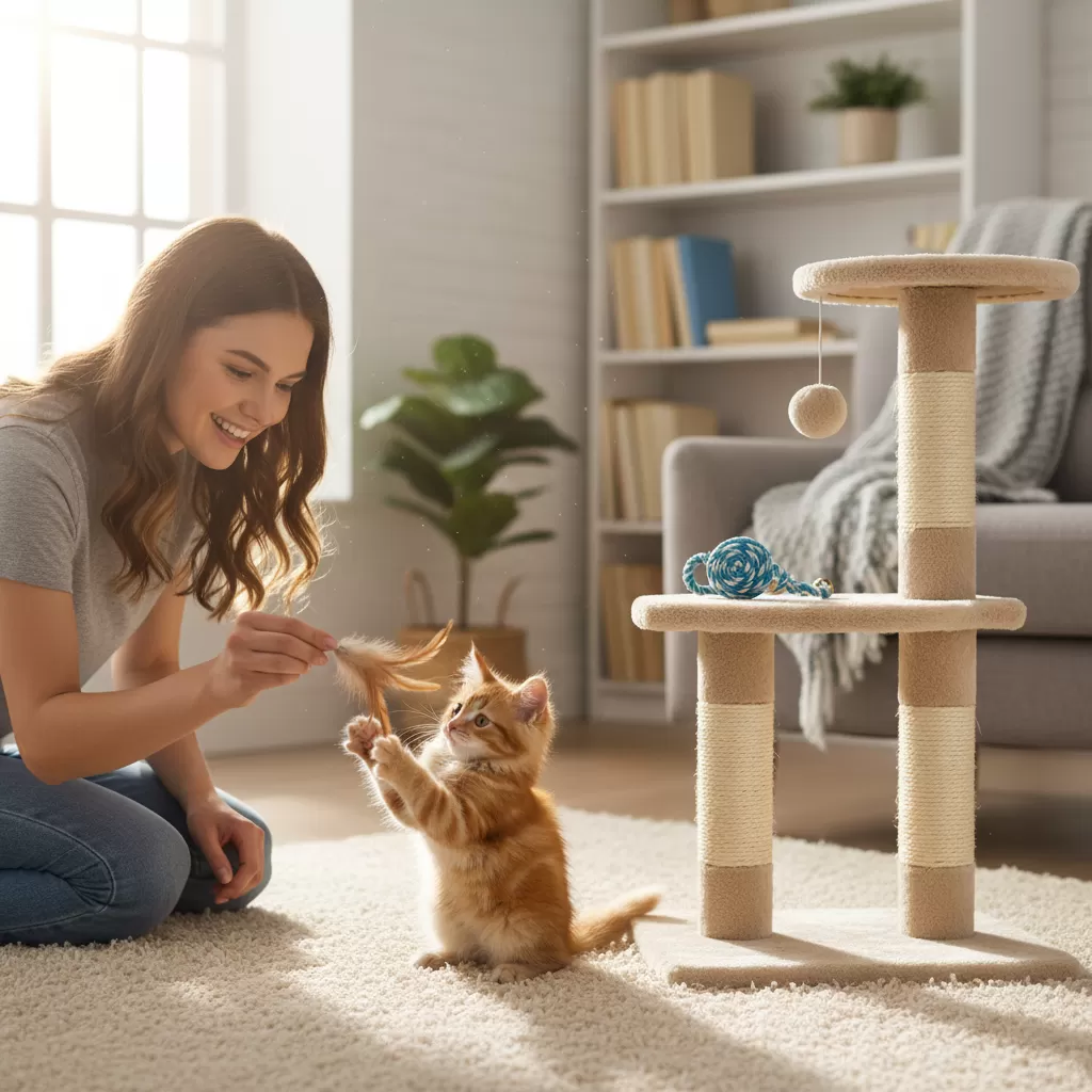 Sử dụng đồ chơi để khuyến khích mèo con tương tác với trụ cào móng mới