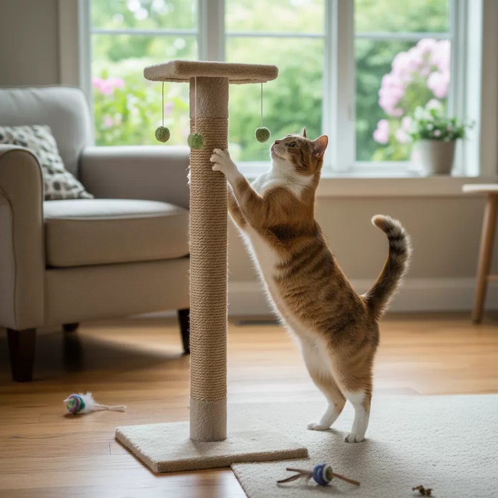 gemini_image_1772182332 Trụ cào chuyên dụng giúp mèo rèn luyện cơ bắp và giải tỏa căng thẳng