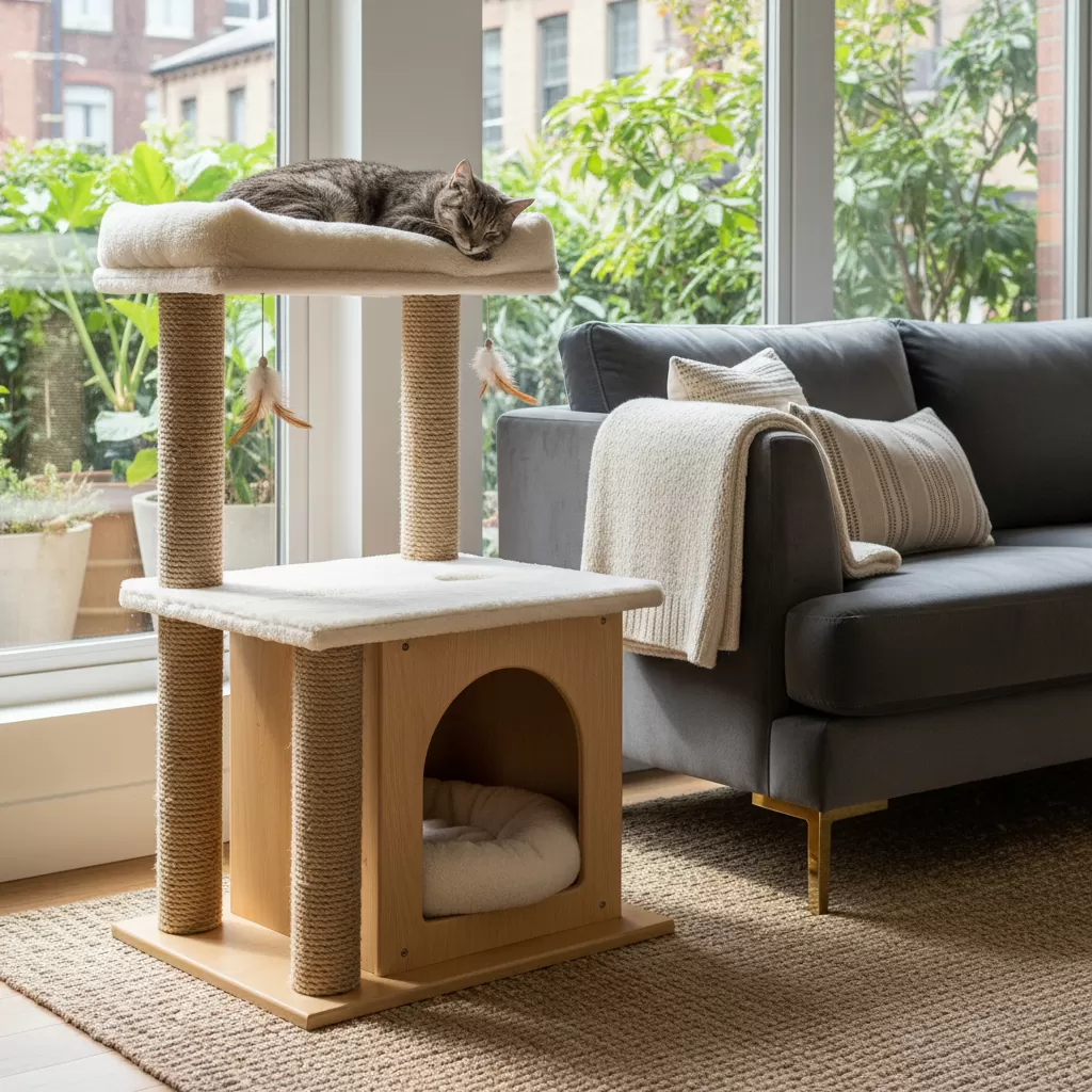 Nhà cây đặt gần khu vực sinh hoạt giúp chuyển hướng thói quen cào phá của mèo hiệu quả