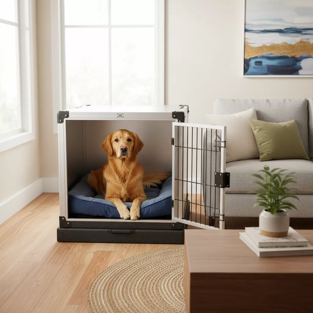 gemini_image_1772183519 Lựa chọn chuồng phù hợp là yếu tố quan trọng để đảm bảo sự thoải mái cho chó cưng