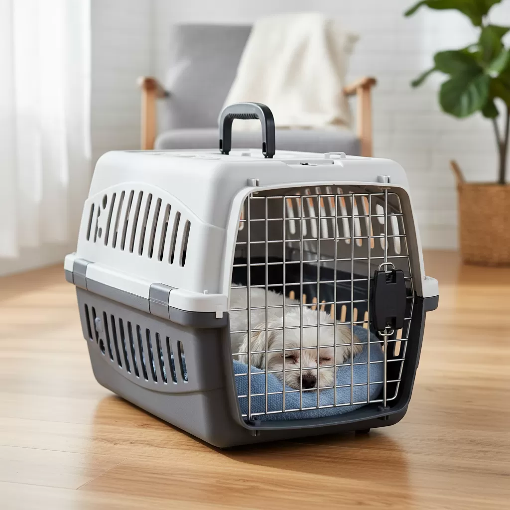 gemini_image_1772183520 Chuồng nhựa phù hợp cho việc vận chuyển và các giống chó nhỏ