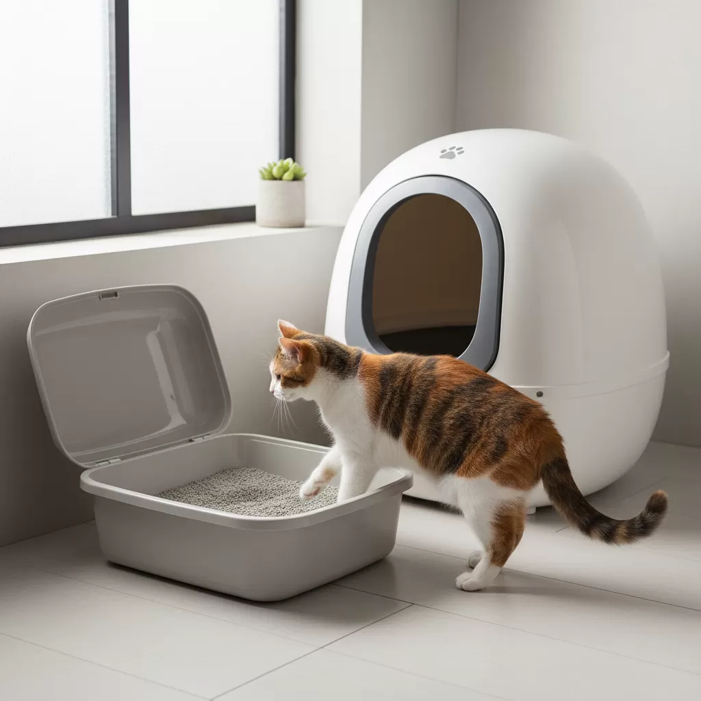 gemini_image_1772184414 Sự khác biệt giữa khay vệ sinh loại mở và nhà vệ sinh loại kín cho mèo