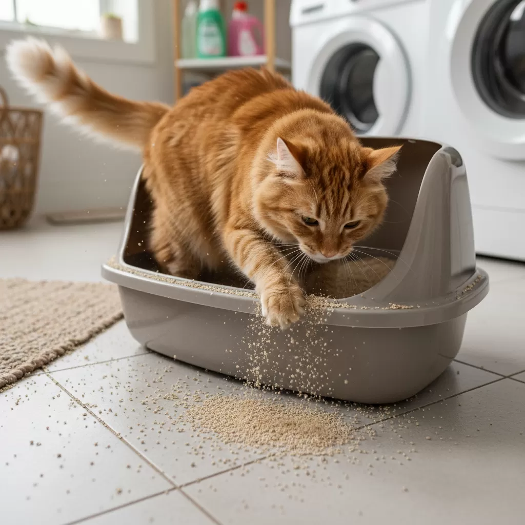 gemini_image_1772184415 Tình trạng cát văng ra ngoài là nhược điểm phổ biến của khay vệ sinh loại mở