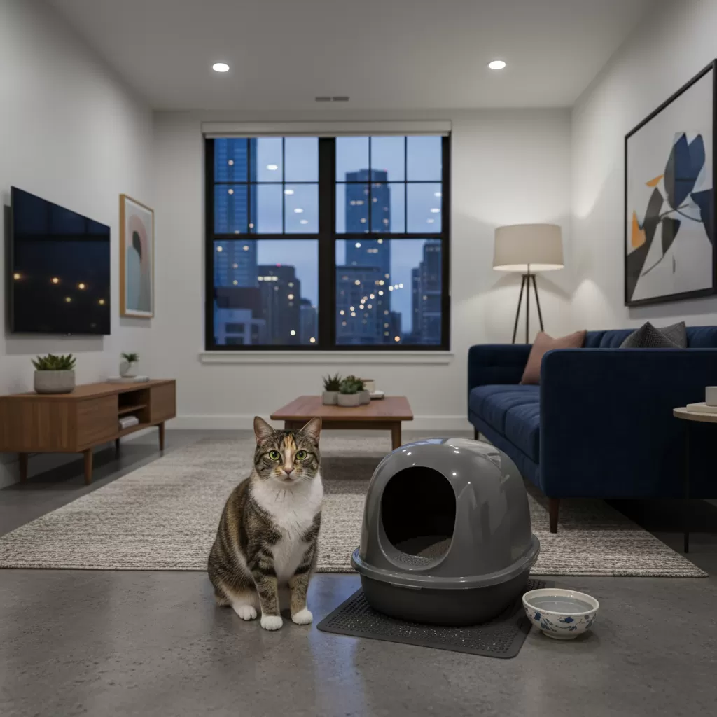 gemini_image_1772184987 Việc lựa chọn vị trí đặt khay cát phù hợp là yếu tố quan trọng khi nuôi mèo trong không gian nhỏ
