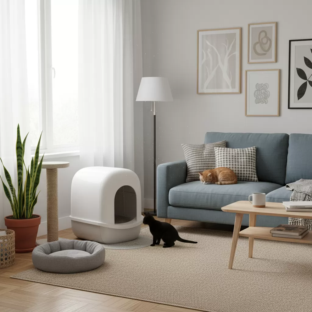 Khay cát mèo đặt trong không gian phòng kín cần được xử lý mùi đúng cách để đảm bảo vệ sinh