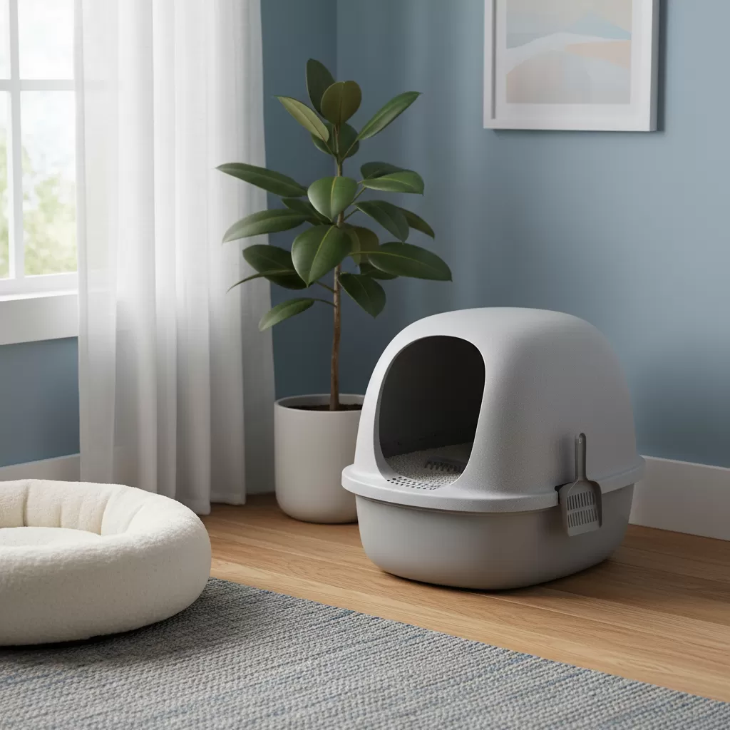 gemini_image_1772187612-1 Vị trí đặt khay cát cần yên tĩnh và tách biệt với khu vực ăn uống
