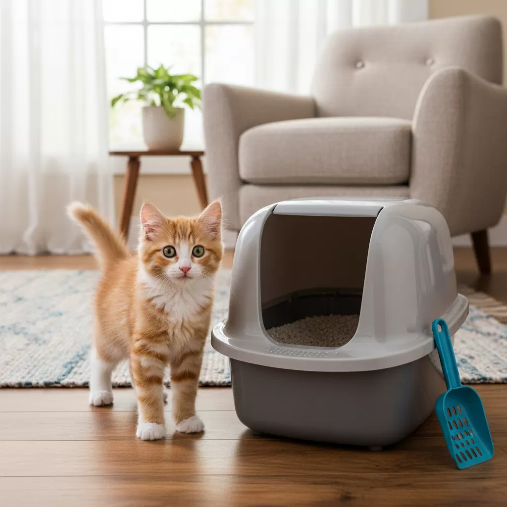 gemini_image_1772187612 Việc tập cho mèo dùng khay cát là bước đầu tiên quan trọng khi đón mèo về nhà