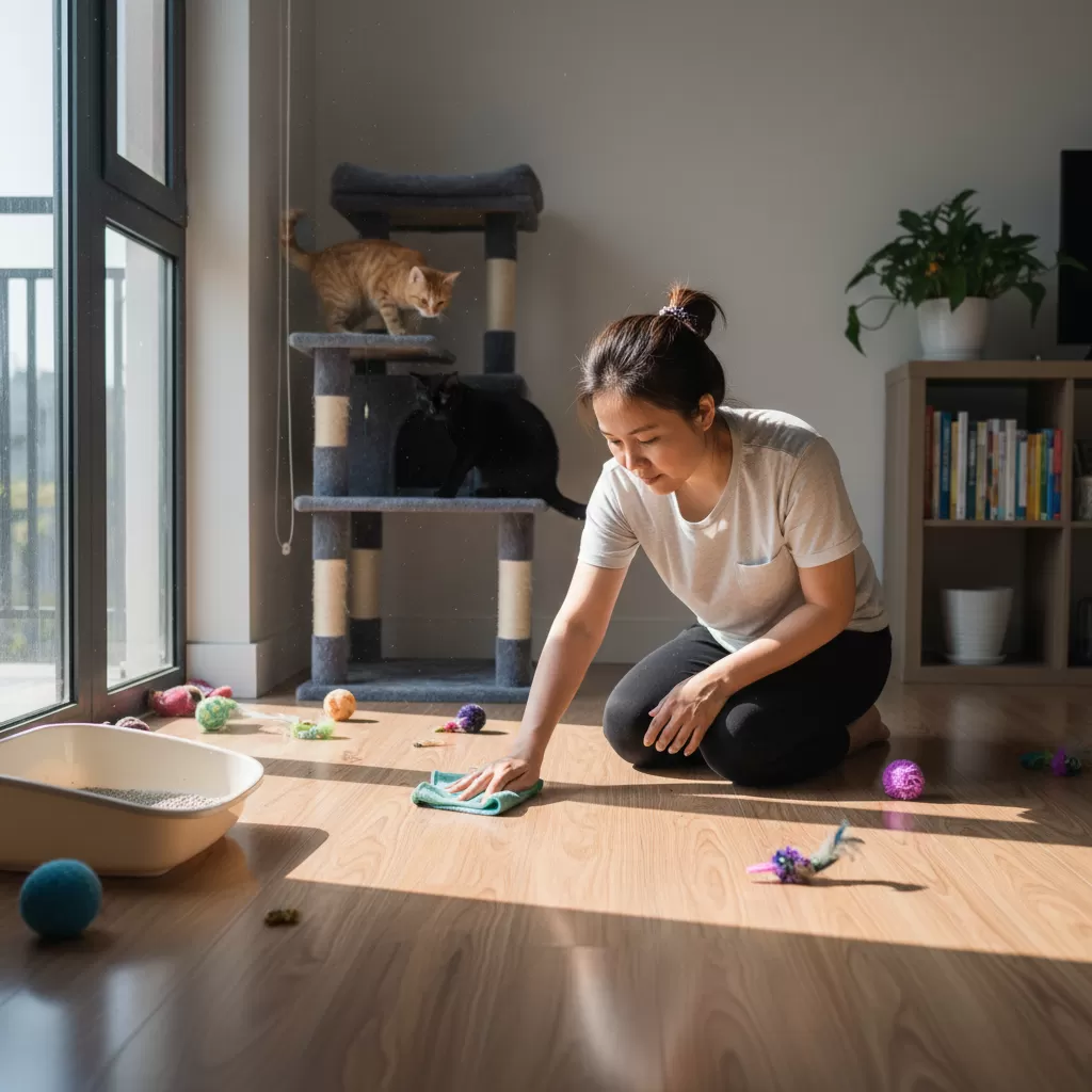 gemini_image_1772187613 Xử lý sạch sẽ vết bẩn khi mèo đi vệ sinh sai chỗ để tránh tạo thói quen xấu