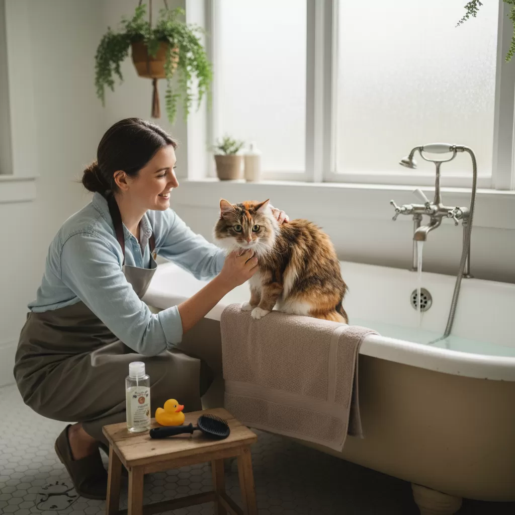 gemini_image_1772191042 Chuẩn bị tâm lý thoải mái cho mèo trước khi bắt đầu quy trình tắm