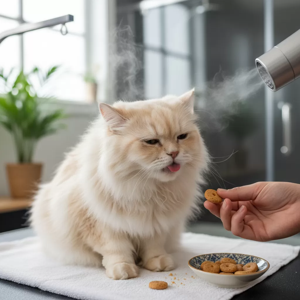 gemini_image_1772191044 Khen thưởng giúp mèo hình thành ấn tượng tốt về việc tắm rửa