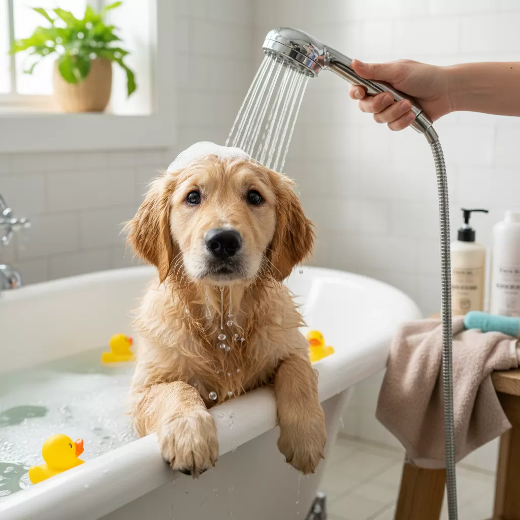 Việc chuẩn bị tâm lý tốt giúp chó con có trải nghiệm tắm đầu tiên tích cực