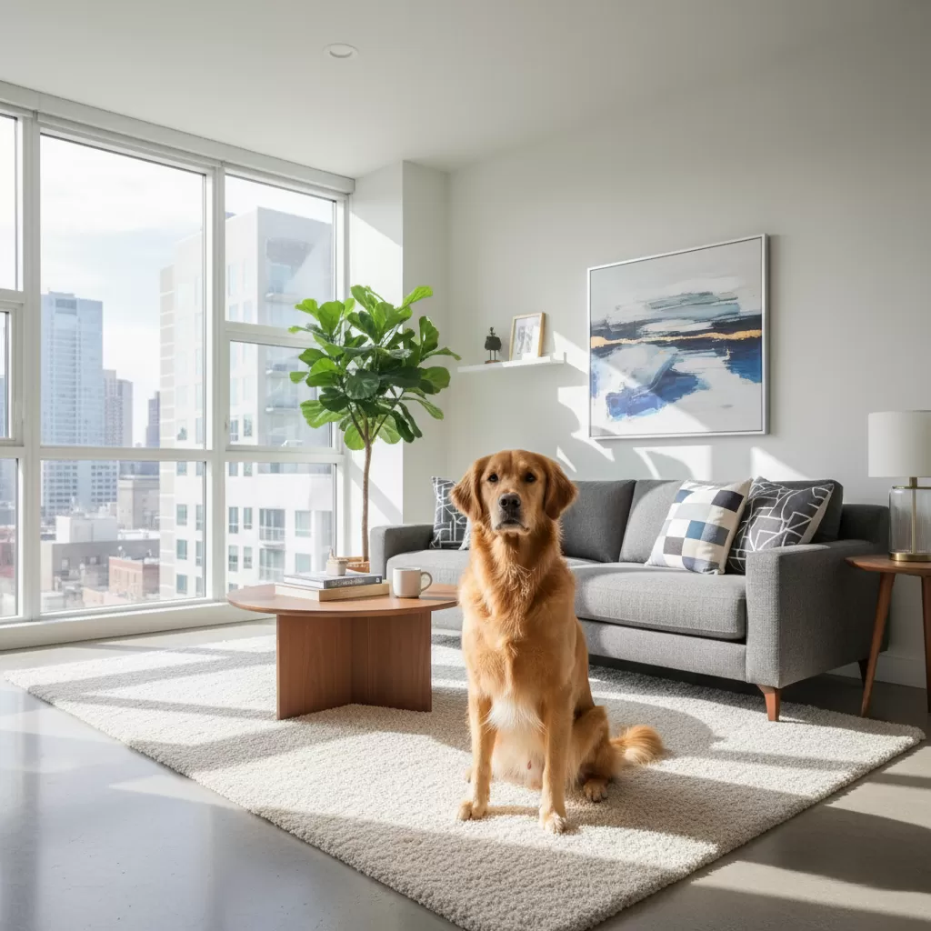 gemini_image_1772191686 Nuôi chó trong không gian kín như chung cư đòi hỏi quy trình vệ sinh khắt khe để kiểm soát mùi hôi