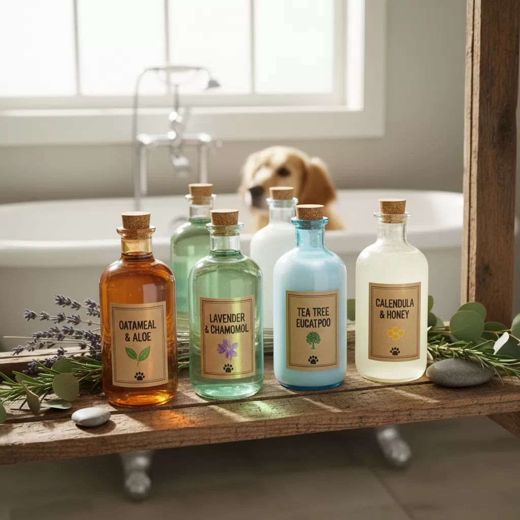 gemini_image_1772191687 Sữa tắm thảo mộc là lựa chọn hàng đầu để khử mùi chuyên sâu và bảo vệ da thú cưng