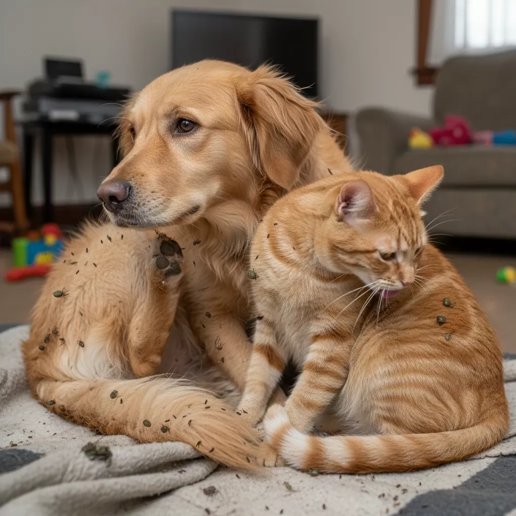 gemini_image_1772192129 Ve và bọ chét là mối đe dọa lớn đối với sức khỏe và sự thoải mái của chó mèo