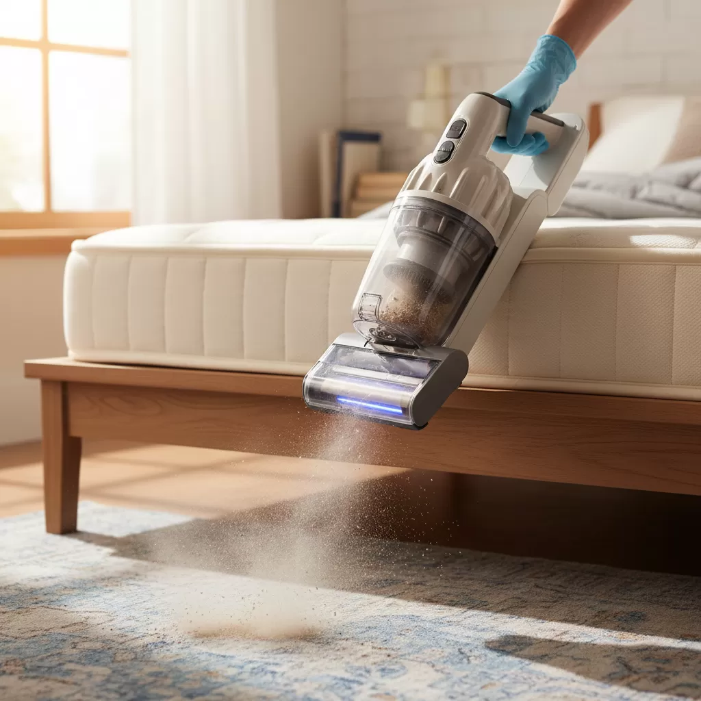 Sử dụng máy hút bụi công suất lớn để loại bỏ trứng ve rận trên bề mặt vải