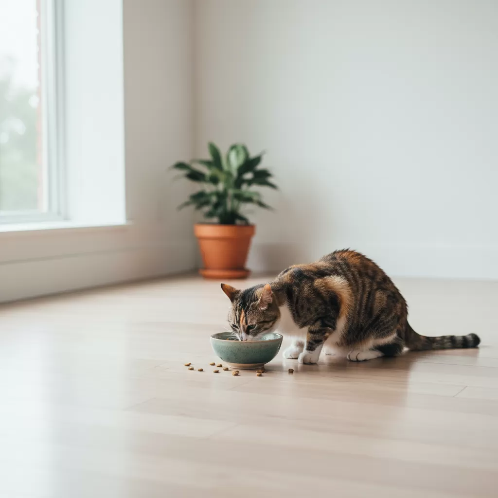 gemini_image_1772194962 Lựa chọn vị trí đặt bát ăn phù hợp giúp mèo cảm thấy an tâm và ngon miệng hơn