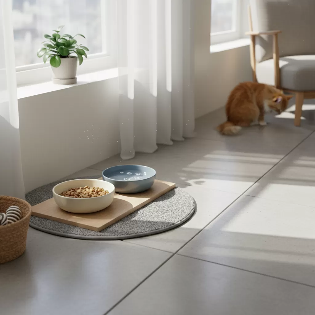 gemini_image_1772194963 Khu vực ăn uống cần được tách biệt hoàn toàn với nơi đi vệ sinh của mèo