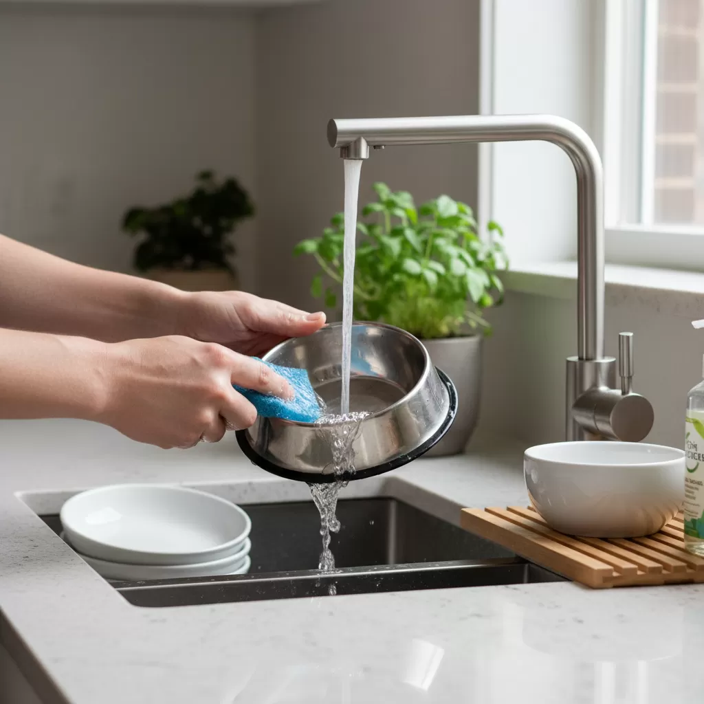 gemini_image_1772195428 Vệ sinh bát ăn và bình nước là bước quan trọng trong việc chăm sóc thú cưng hàng ngày