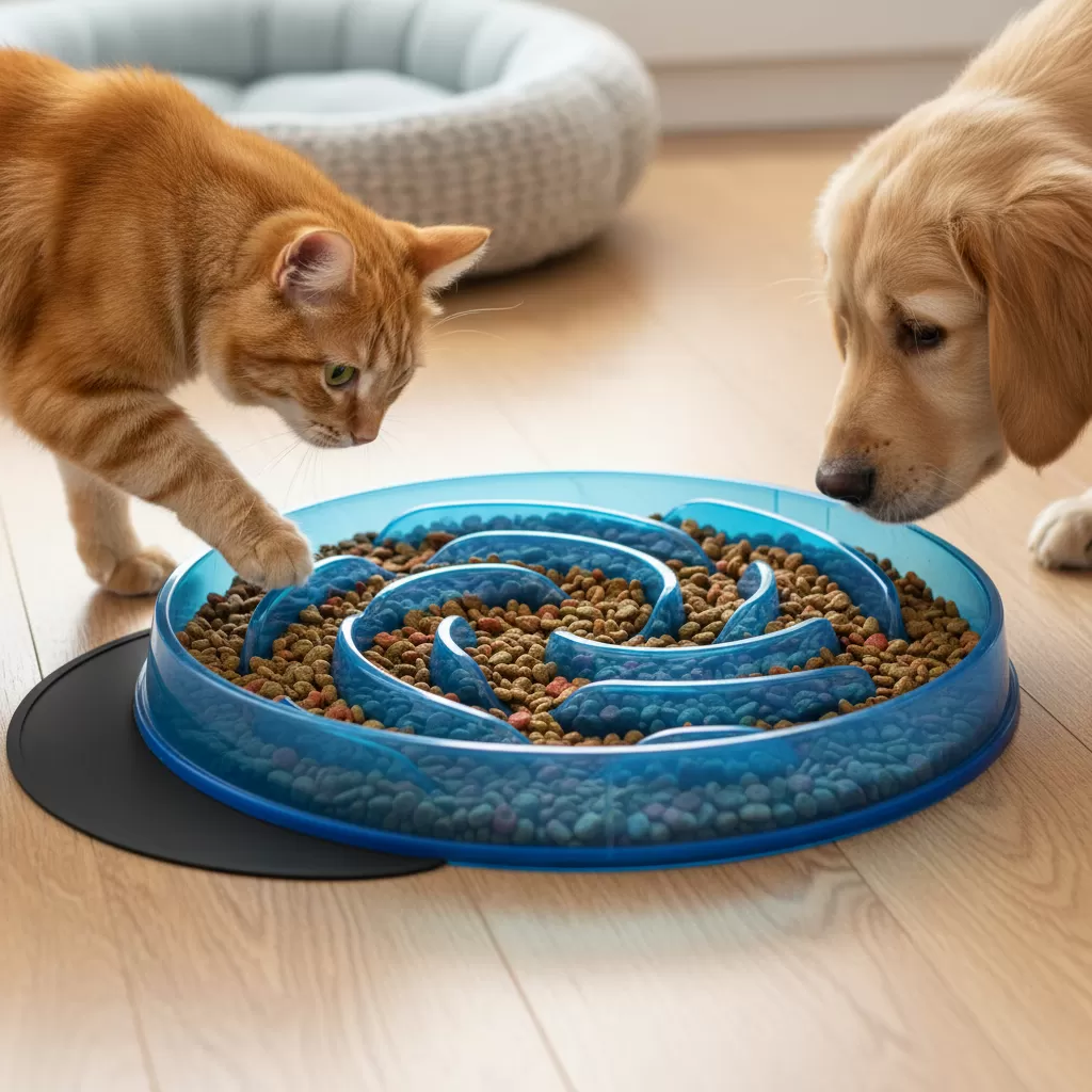 gemini_image_1772196274 Thiết kế mê cung bên trong bát giúp kéo dài thời gian ăn của vật nuôi