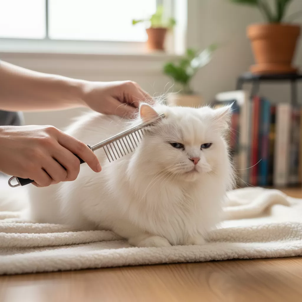 gemini_image_1772197182 Chăm sóc bộ lông cho mèo lông dài đòi hỏi sự kiên nhẫn và kỹ thuật đúng cách