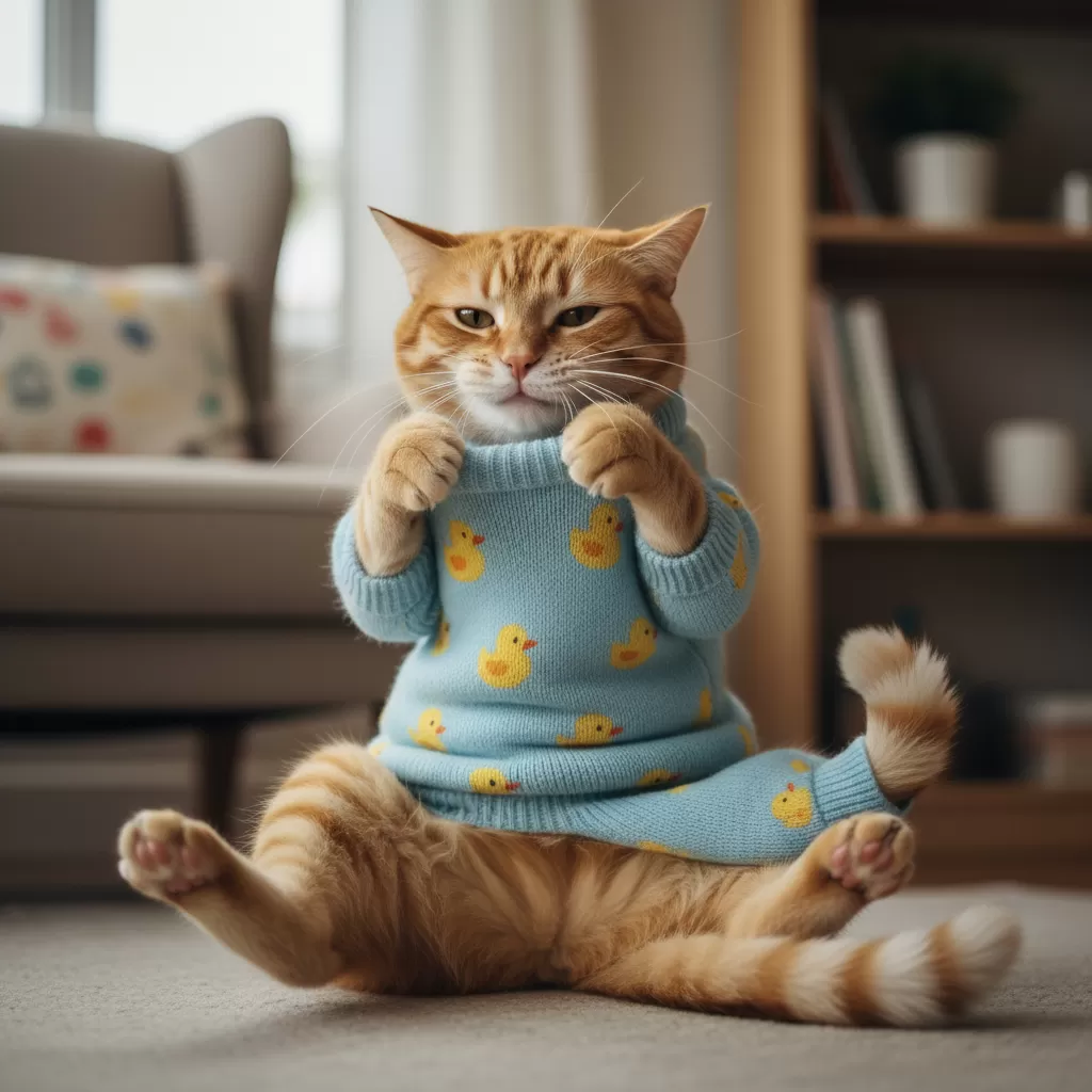 gemini_image_1772199451-1 Việc mặc đồ không phù hợp có thể khiến mèo cảm thấy bức bối và cản trở thói quen vệ sinh tự nhiên