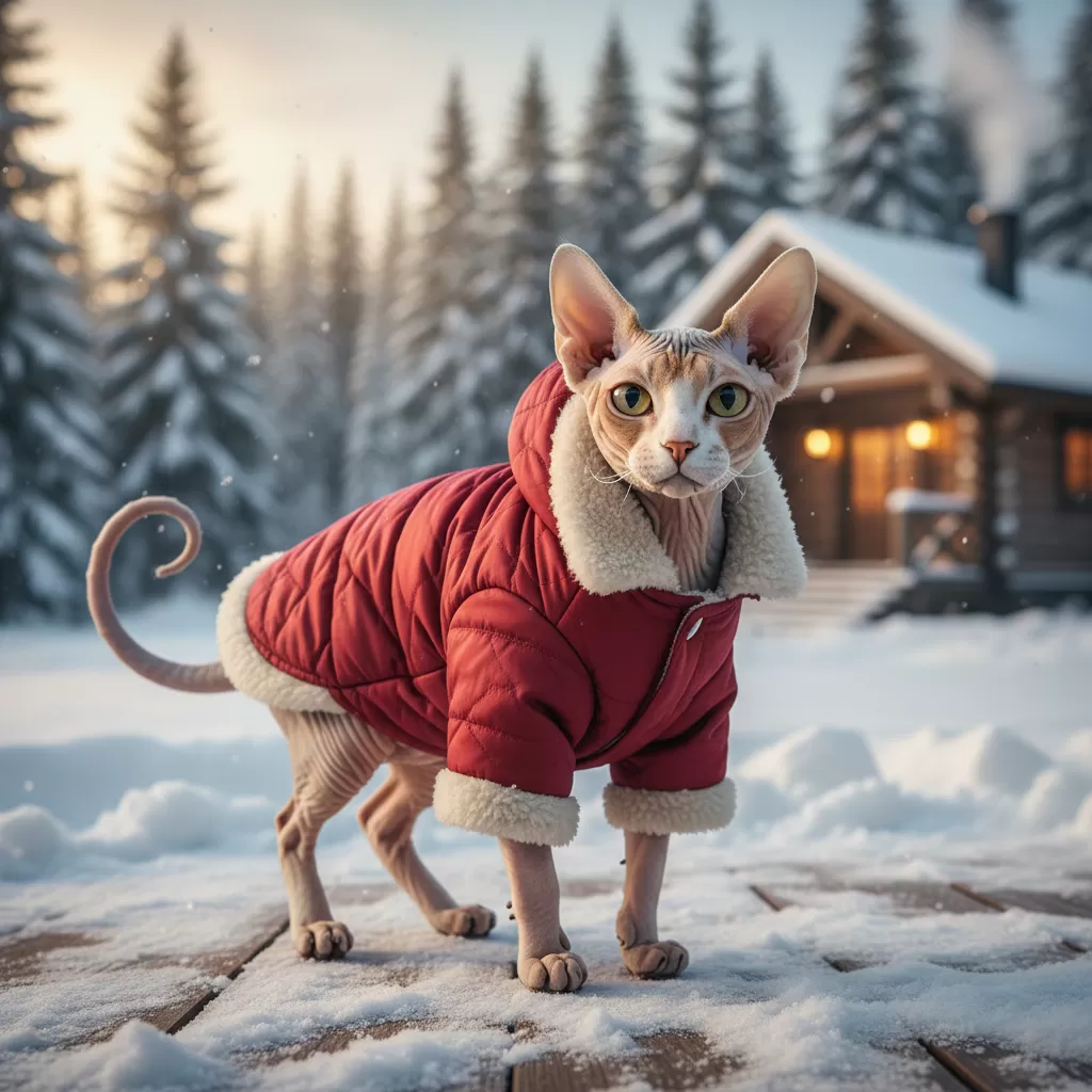 gemini_image_1772199451 Trang phục là phụ kiện thiết yếu giúp giữ ấm cho các giống mèo ít lông hoặc mèo có sức khỏe yếu