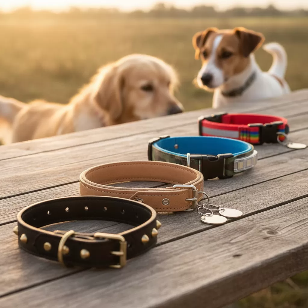 gemini_image_1772199684 Sự đa dạng về chất liệu vòng cổ đáp ứng nhu cầu của từng giống chó khác nhau