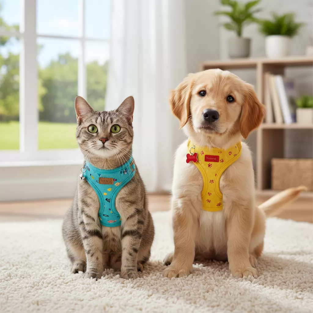 gemini_image_1772200116 Việc tập cho thú cưng làm quen với vòng cổ và dây yếm là bước quan trọng trong quá trình nuôi dưỡng