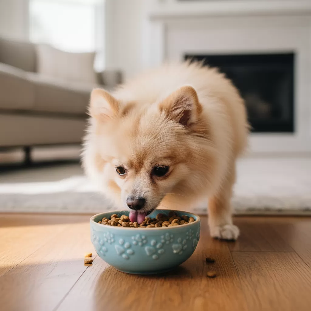 gemini_image_1772201944 Thức ăn cho chó nhỏ cần có kích thước hạt phù hợp với khuôn hàm bé