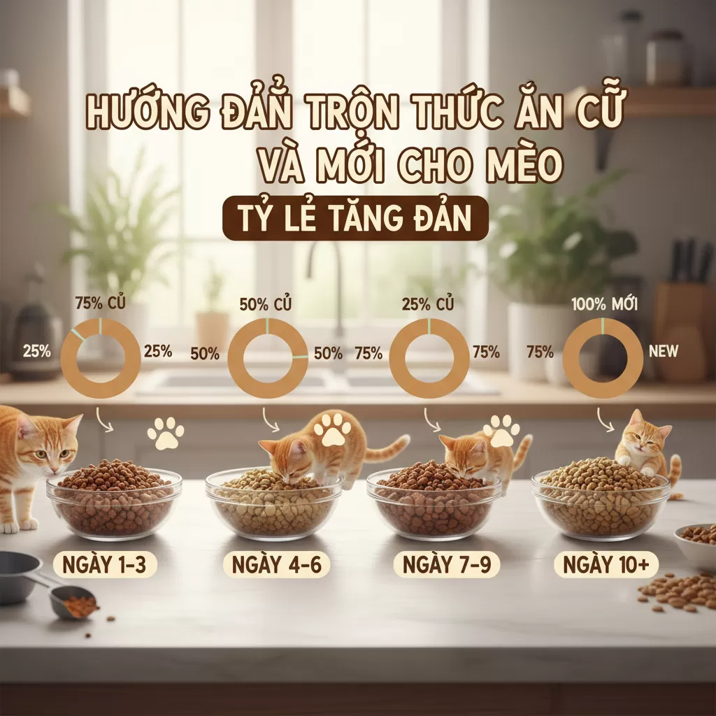 gemini_image_1772203832 Quy trình thay đổi thức ăn từ từ giúp hệ tiêu hóa của mèo thích nghi tốt hơn